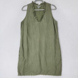 Tommy Bahama Dress Womens Medium Green Linen Ruffle V Neck Sleeveless Pockets